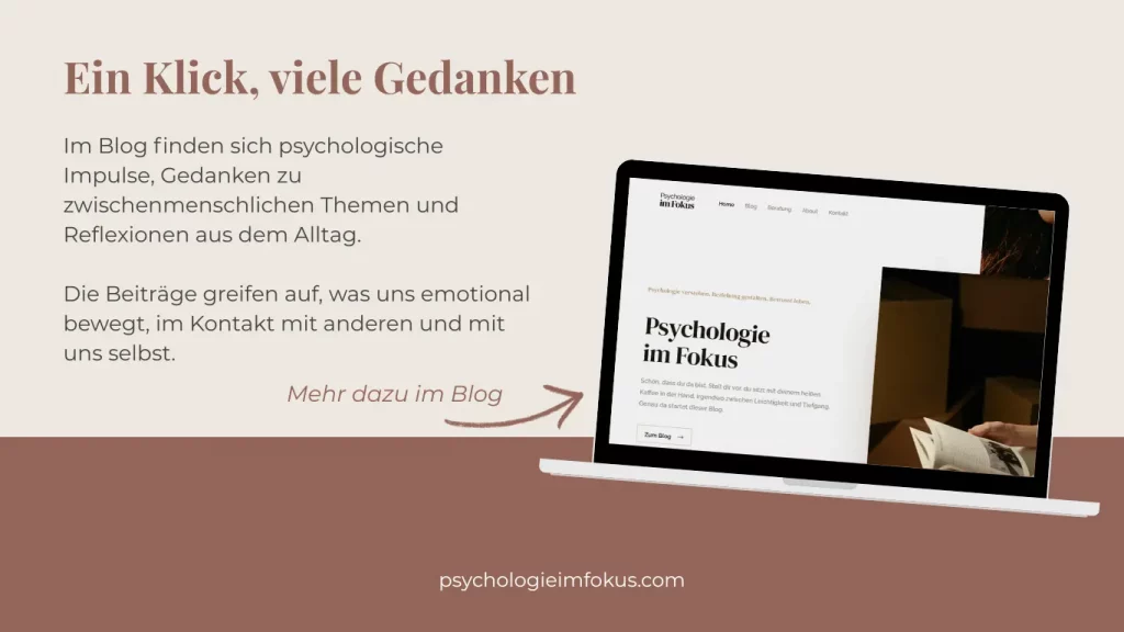 Minimalistische Blog-Grafik mit Laptop und psychologischen Impulsen zu Beziehungen, Selbstreflexion und persönlicher Entwicklung – modernes Design für Psychologie- und Paartherapie-Blog.