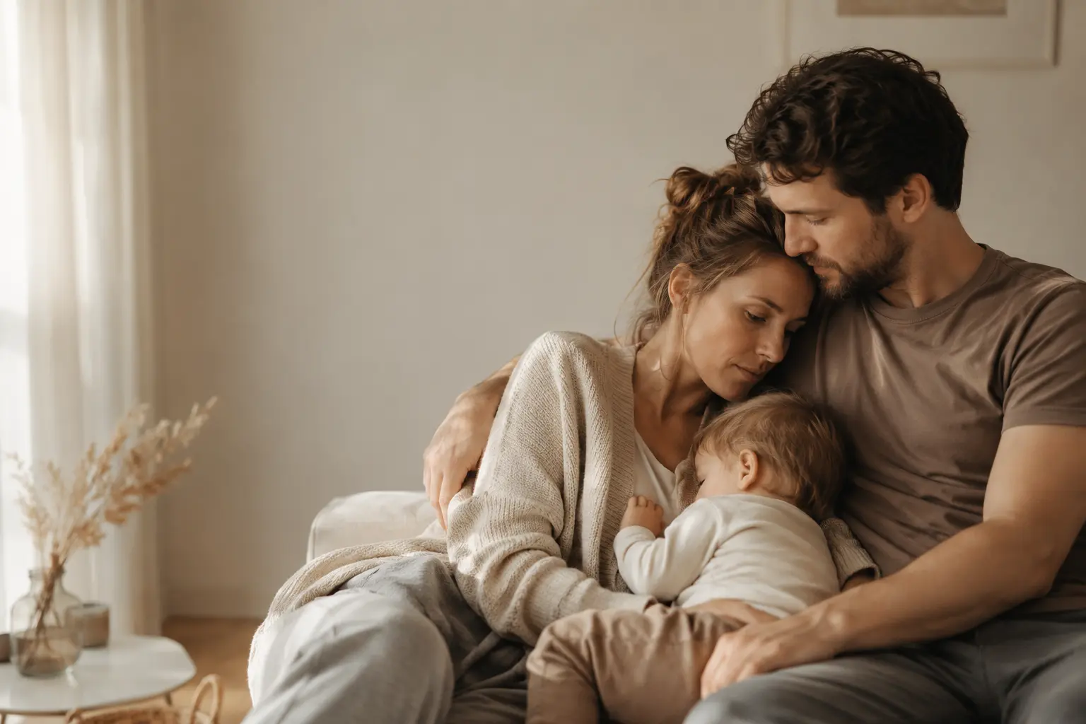 Junges Elternpaar sitzt eng umschlungen mit ihrem Kleinkind auf dem Sofa und vermittelt Geborgenheit, emotionale Nähe und familiären Zusammenhalt – Symbolbild für Eltern Online Paartherapie und Familienberatung.